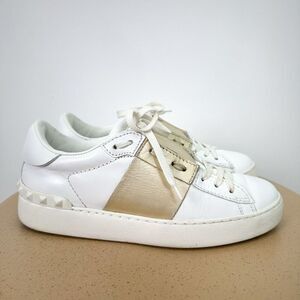 Valentino Garavani Women’s Leather White Metalic Gold Studded Sneaker